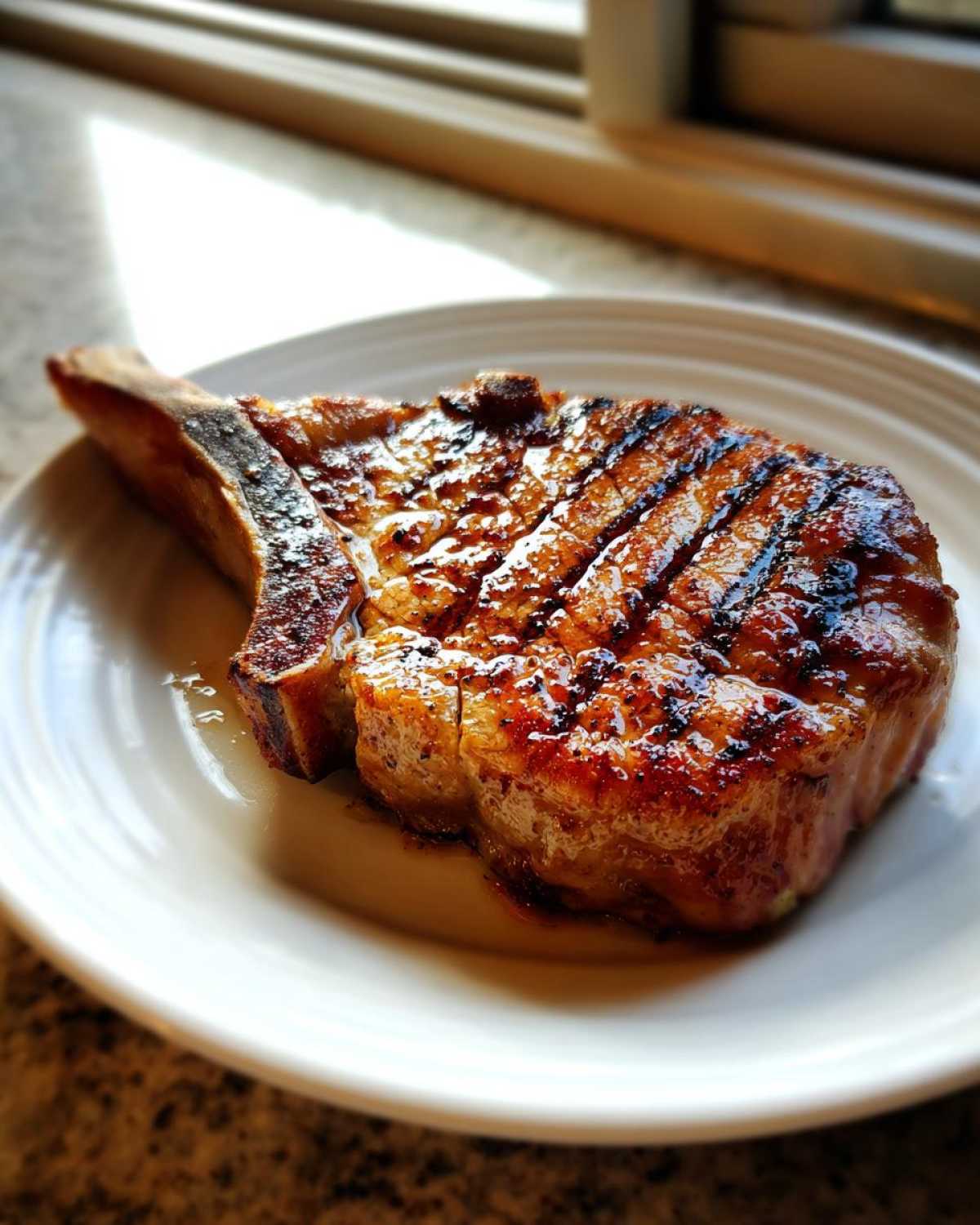 Close-up of a thick, grilled bone-in pork chop showing perfect grill marks, ready after using the marinade for pork chops.