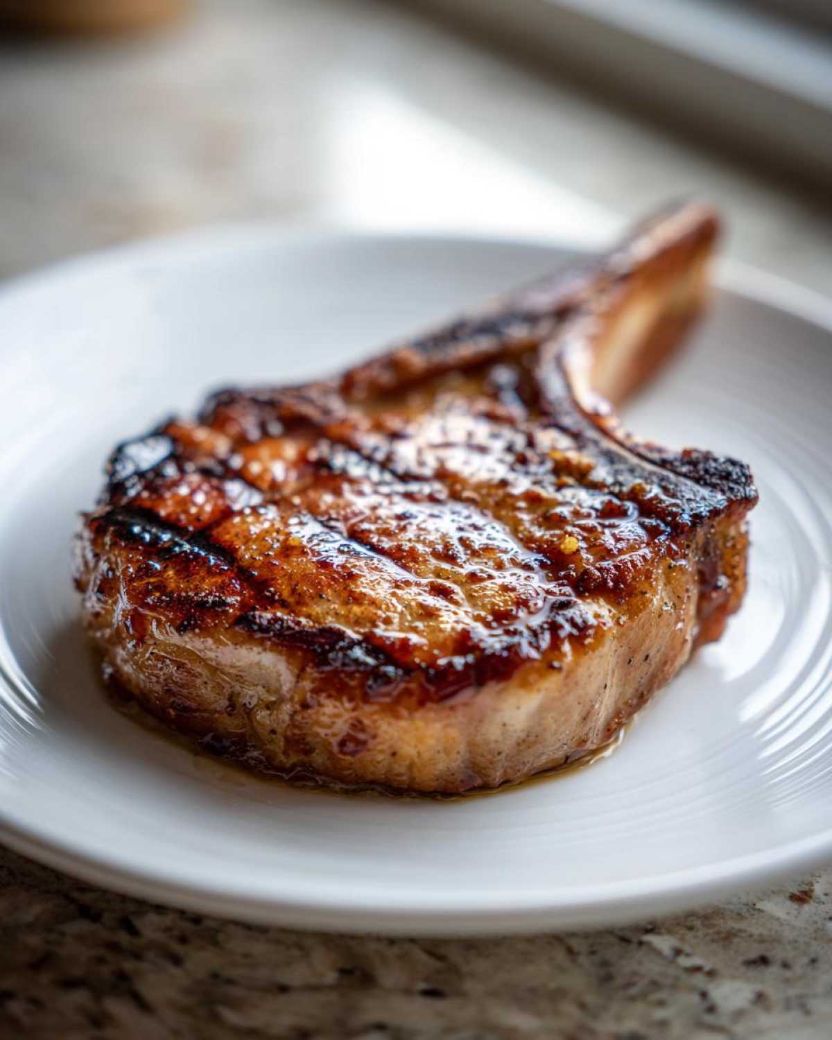 Close-up of a perfectly grilled, juicy bone-in pork chop showing grill marks, likely prepared with a great marinade for pork chops.