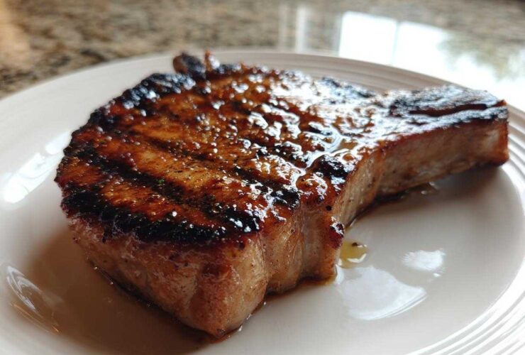 Close-up of a thick, grilled pork chop showing char marks and a glossy marinade for pork chops.