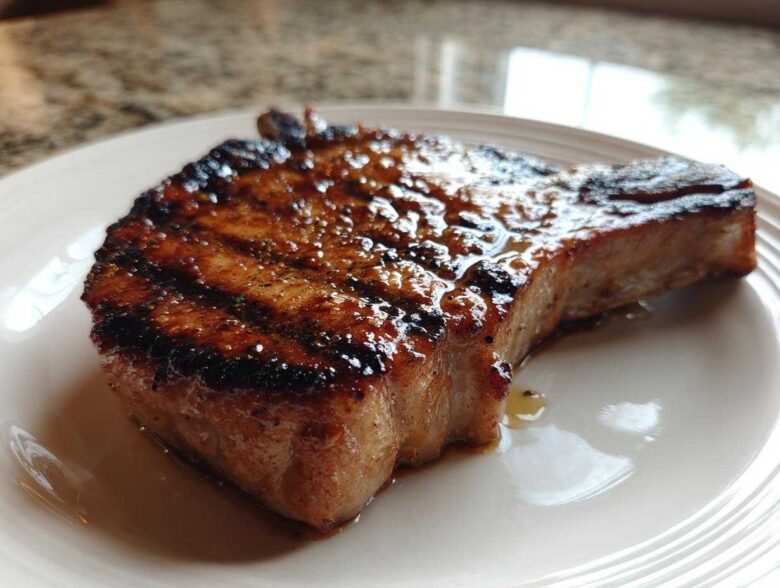Close-up of a thick, grilled pork chop showing char marks and a glossy marinade for pork chops.