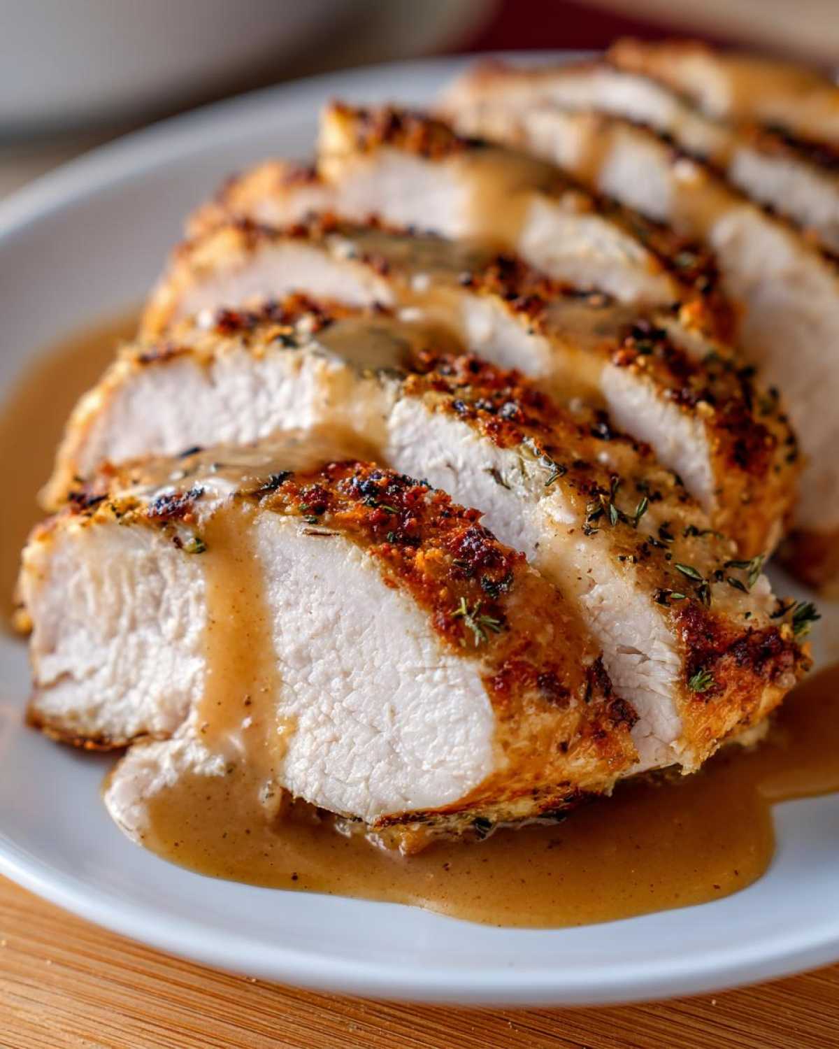 Close-up of several thick slices of juicy instant pot turkey breast, seasoned and covered in brown gravy.