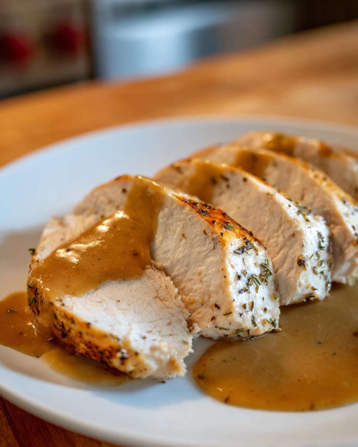 Close-up of thick slices of juicy instant pot turkey breast seasoned with herbs and covered in savory brown gravy.
