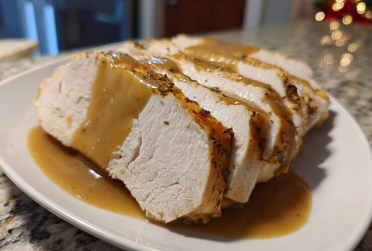 Close-up of sliced, juicy instant pot turkey breast drizzled with savory brown gravy on a white plate.