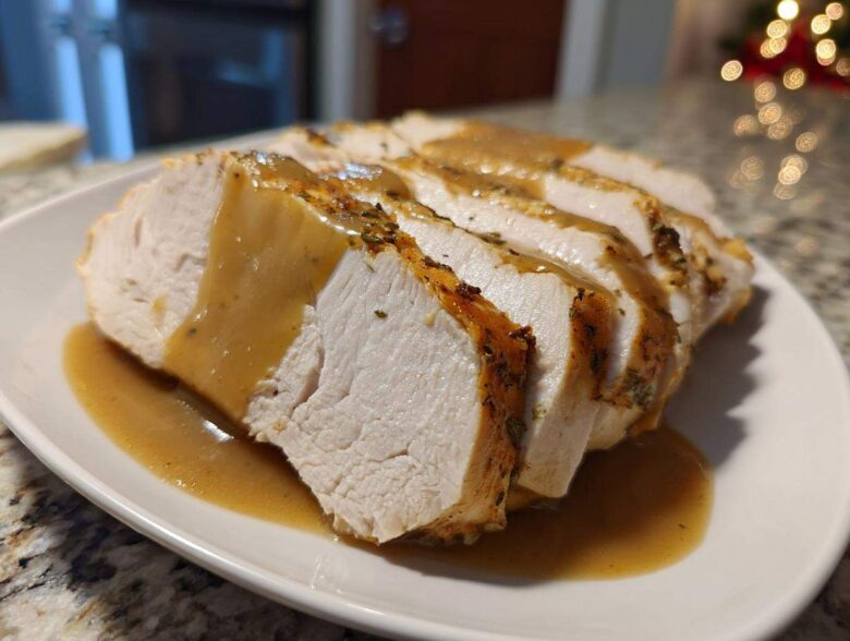 Close-up of sliced, juicy instant pot turkey breast drizzled with savory brown gravy on a white plate.