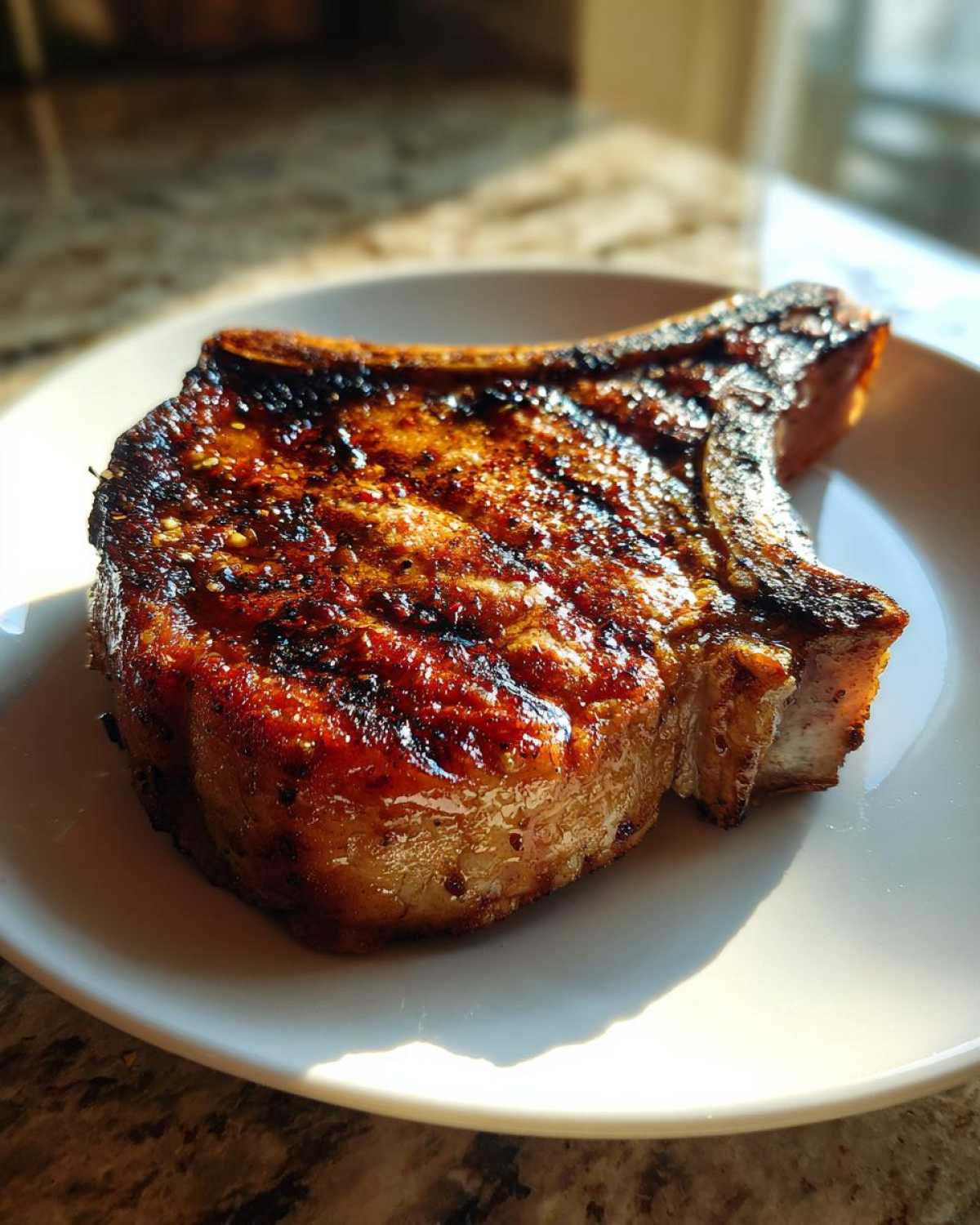 A perfectly grilled, thick-cut pork chop resting on a white plate, showcasing a rich, caramelized crust from the marinade for pork chops.