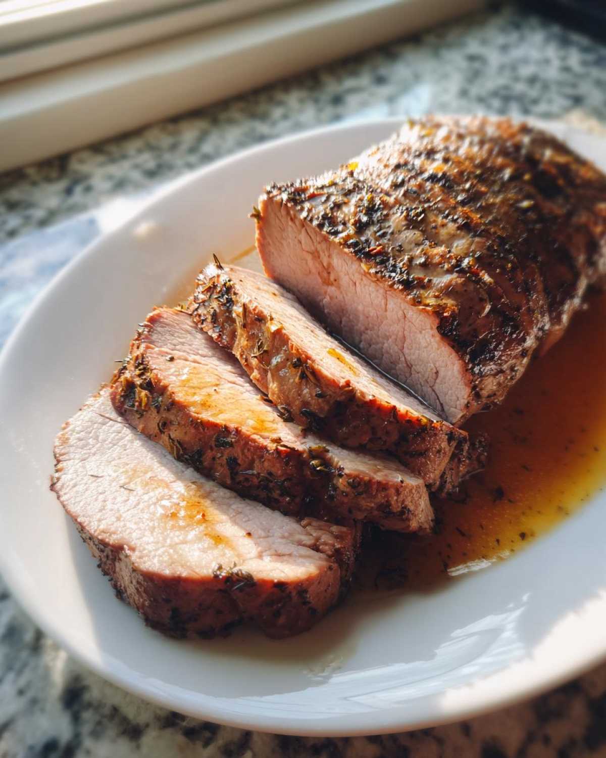 Close-up of a perfectly cooked, herb-crusted pork loin roast, partially sliced, resting in its juices.