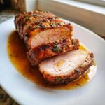 Close-up of a perfectly cooked, sliced pork loin roast with a seasoned crust resting in its own juices.
