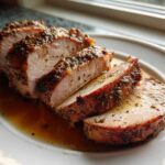 Four thick slices of a juicy pork loin roast, seasoned with herbs and resting in pan juices on a white plate.