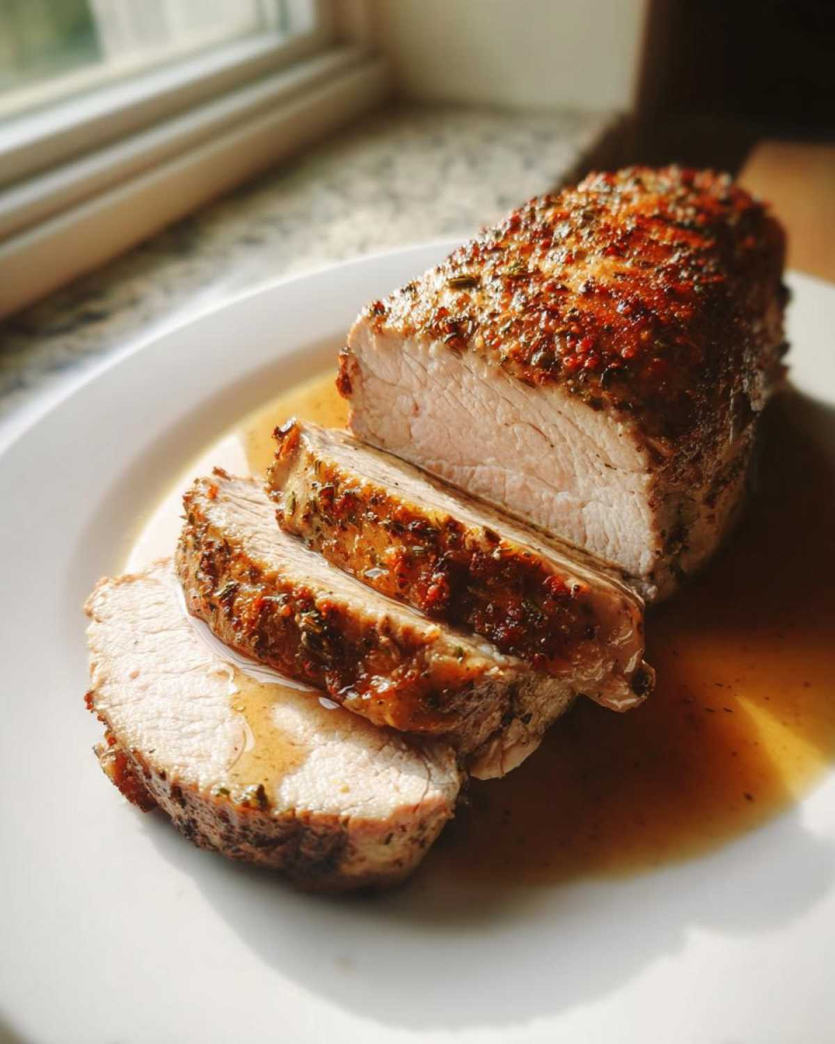 Close-up of a perfectly cooked, sliced pork loin roast with a rich herb crust resting in its juices.