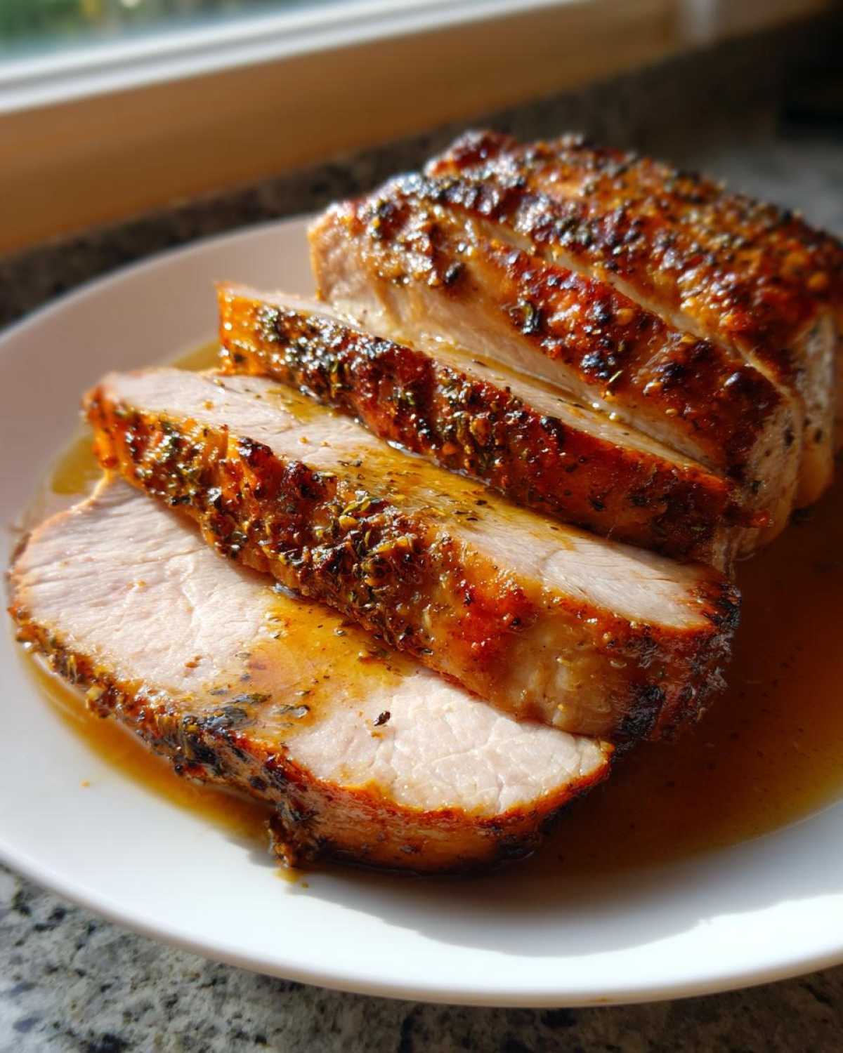 Close-up of three thick slices of juicy pork loin roast with a flavorful herb crust, resting in pan juices.