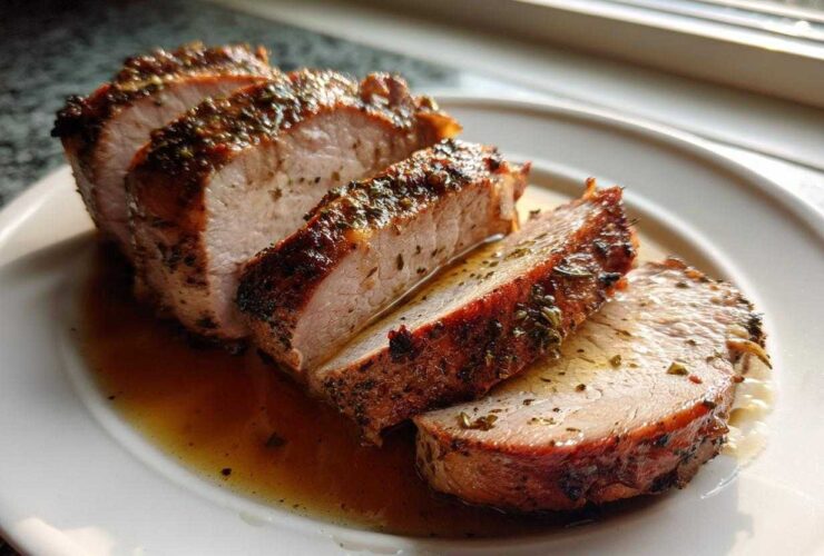 Four thick slices of a juicy pork loin roast, seasoned with herbs and resting in pan juices on a white plate.