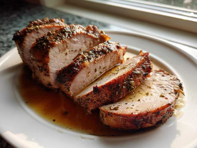 Four thick slices of a juicy pork loin roast, seasoned with herbs and resting in pan juices on a white plate.