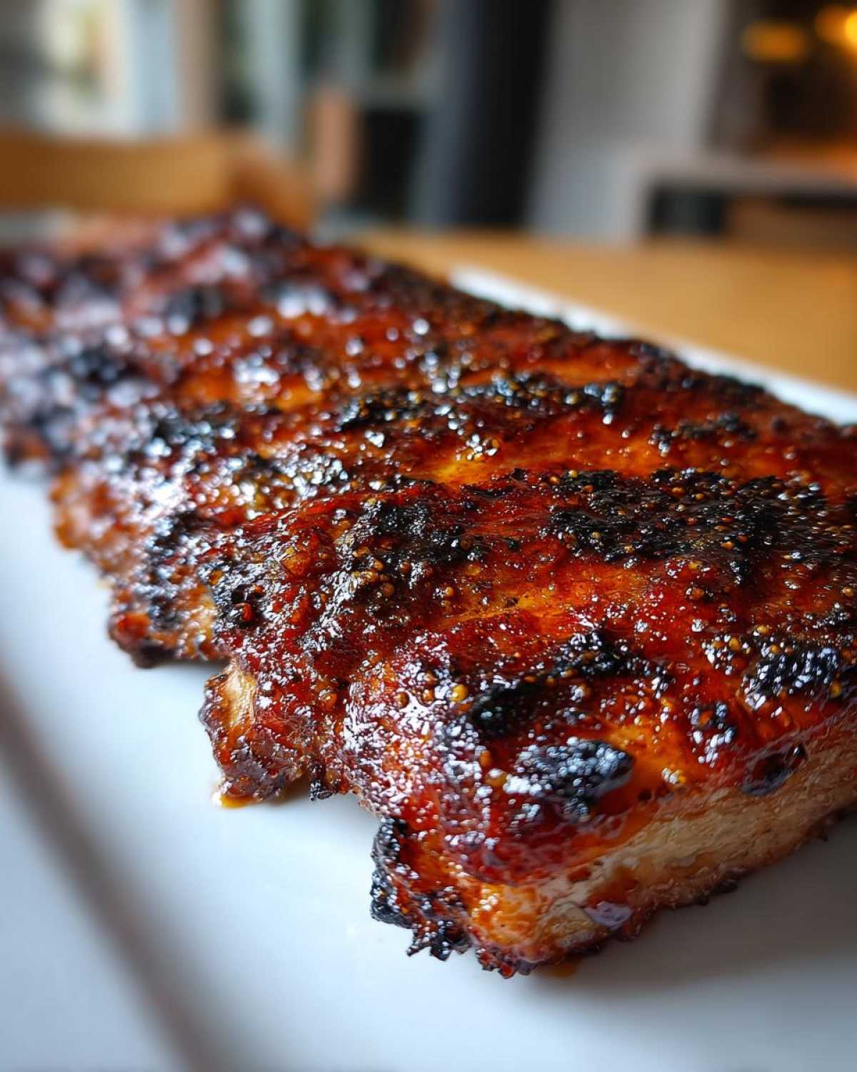 Close-up of a thick, glazed pork steak recipe cut, showing a rich, caramelized, and slightly charred exterior.