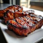 Close-up of thick, caramelized, and juicy pork steak recipe portions resting on a white rectangular plate.