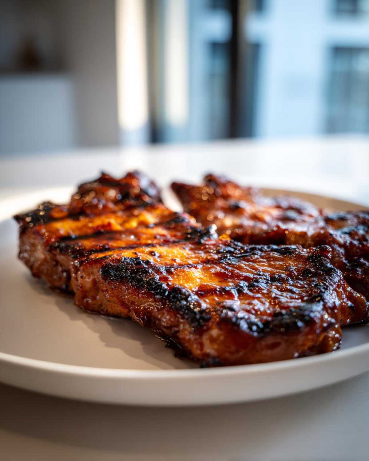 Close-up of several beautifully grilled and glazed pork steak recipe cuts on a white plate.