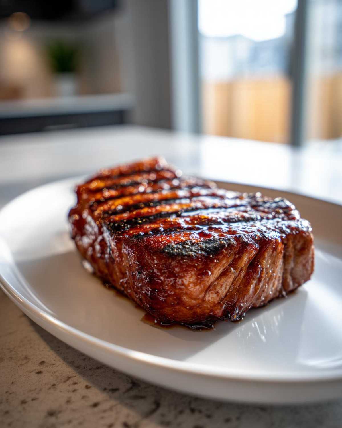 Close-up of a perfectly grilled, juicy pork steak recipe with dark, caramelized grill marks on a white plate.
