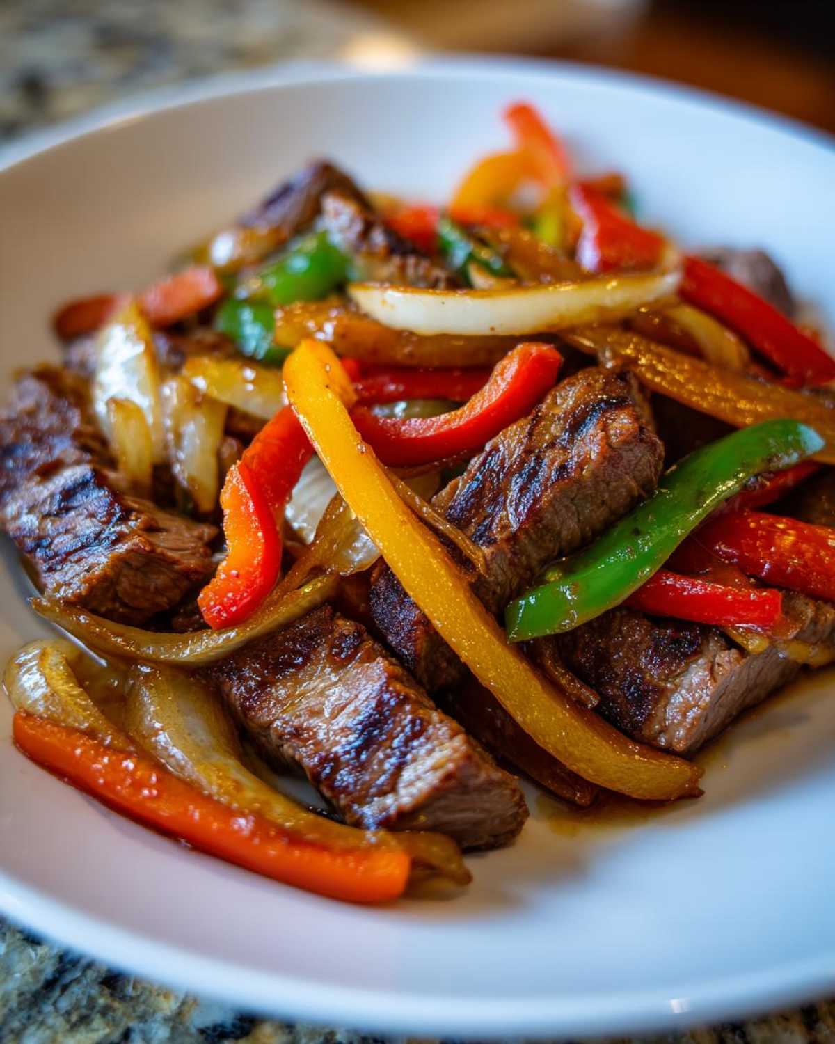 Close-up of perfectly grilled steak fajitas strips mixed with colorful sautéed bell peppers and onions in a white bowl.