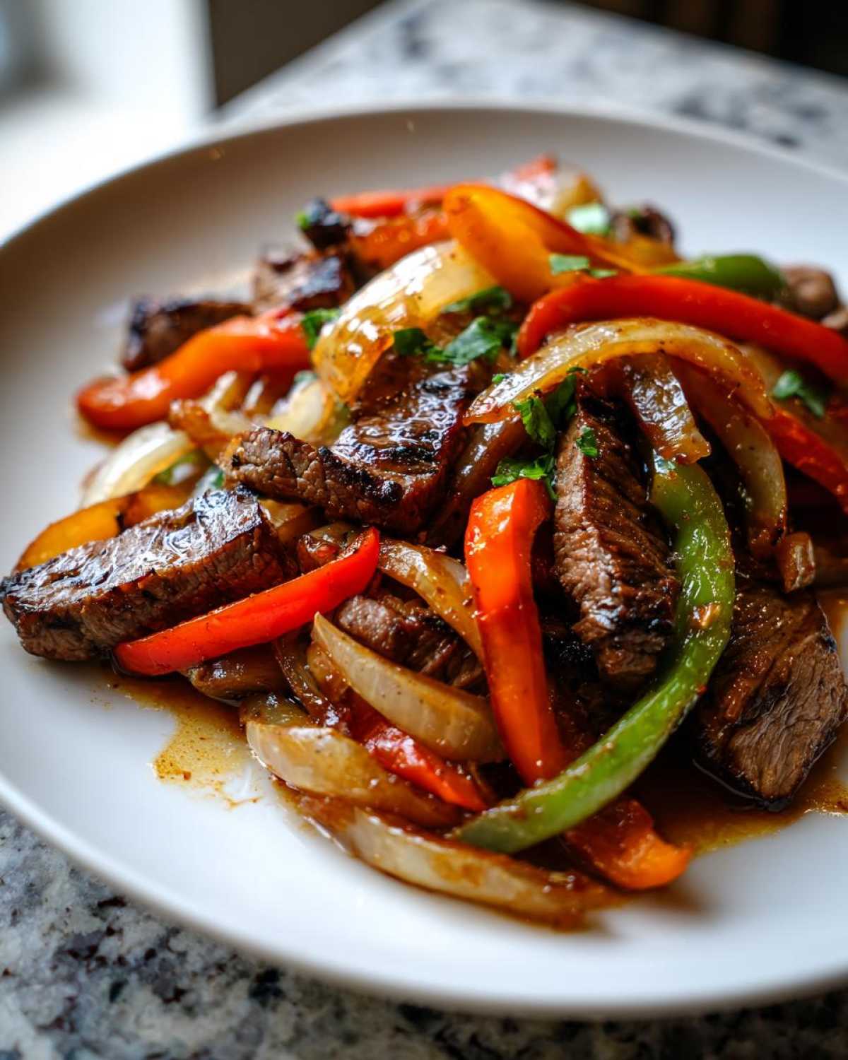 Close-up of juicy steak fajitas featuring grilled steak strips mixed with colorful sautéed bell peppers and onions.