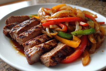 Close-up of perfectly grilled and sliced steak fajitas served with colorful sautéed bell peppers and onions on a white plate.