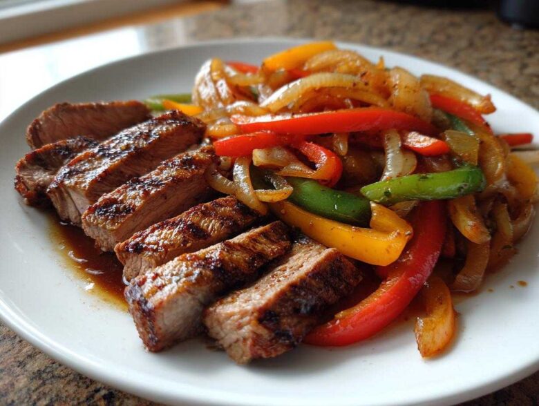 Close-up of perfectly grilled and sliced steak fajitas served with colorful sautéed bell peppers and onions on a white plate.