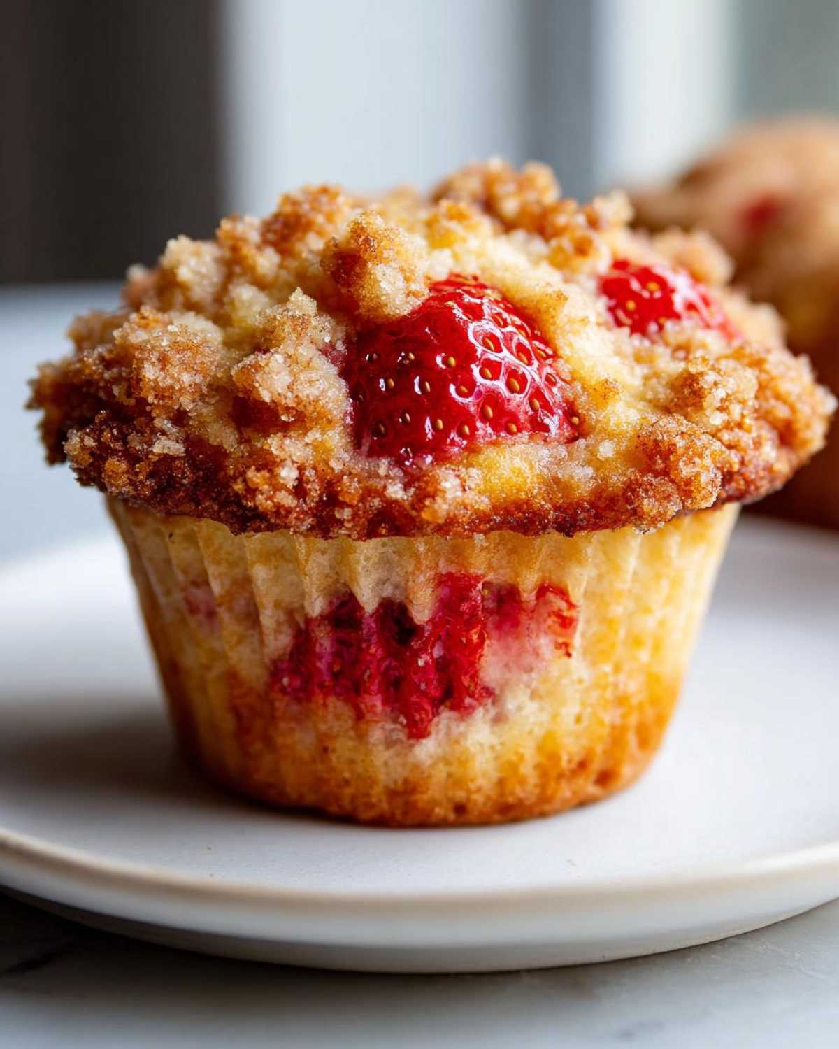 A close-up of a juicy strawberry muffins featuring a golden crumb topping and visible strawberry pieces inside.
