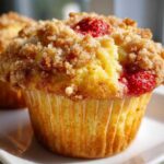 Close-up of a freshly baked strawberry muffins topped with a generous layer of sweet, sugary streusel topping.