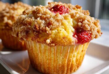 Close-up of a freshly baked strawberry muffins topped with a generous layer of sweet, sugary streusel topping.