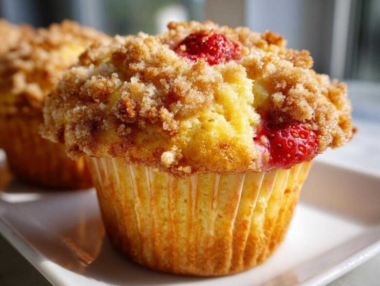 Close-up of a freshly baked strawberry muffins topped with a generous layer of sweet, sugary streusel topping.