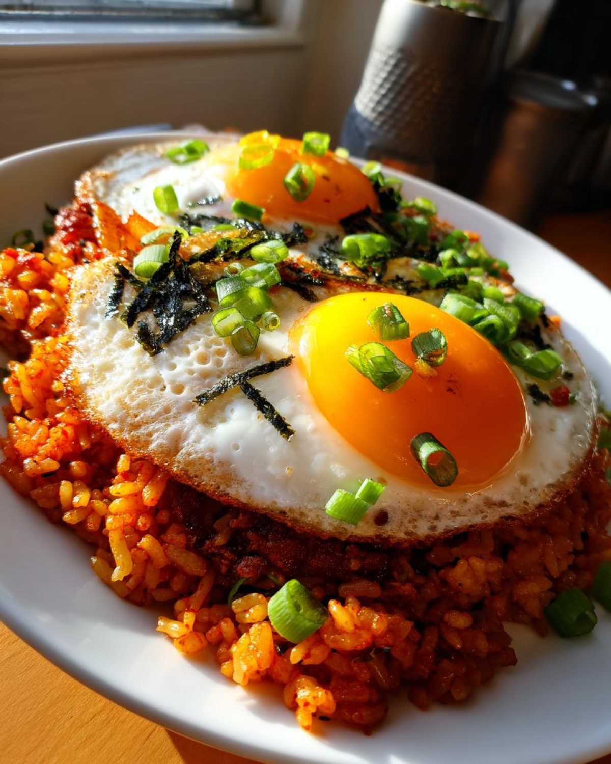 Close-up of vibrant kimchi fried rice topped with two sunny-side-up eggs, scallions, and seaweed.