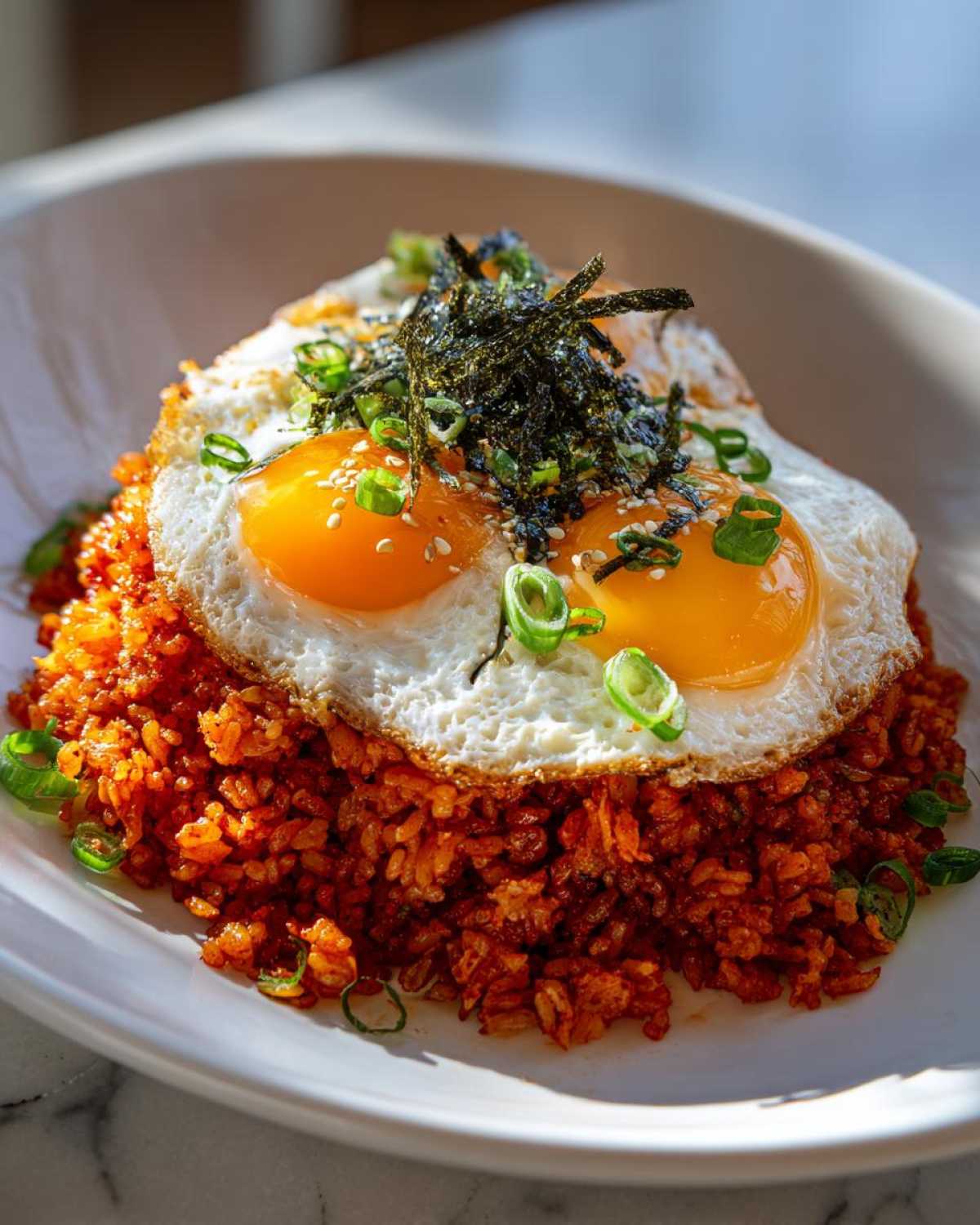 A vibrant mound of kimchi fried rice topped with two sunny-side-up eggs, seaweed, and scallions.