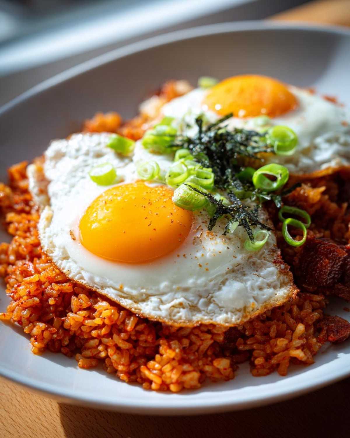 Close-up of vibrant kimchi fried rice topped with two sunny-side-up eggs, green onions, and seaweed.