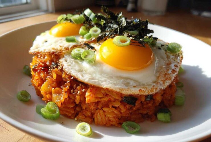 A mound of vibrant kimchi fried rice topped with two sunny-side-up eggs, seaweed, and sliced green onions.