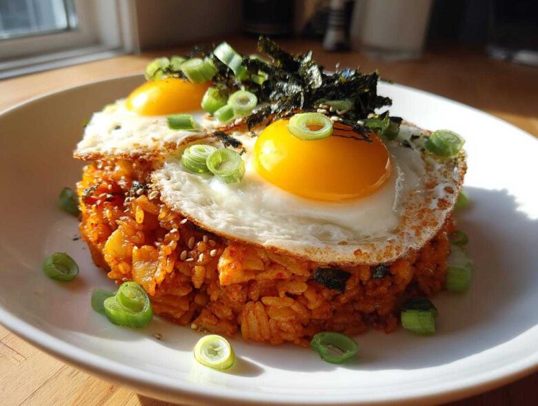 A mound of vibrant kimchi fried rice topped with two sunny-side-up eggs, seaweed, and sliced green onions.