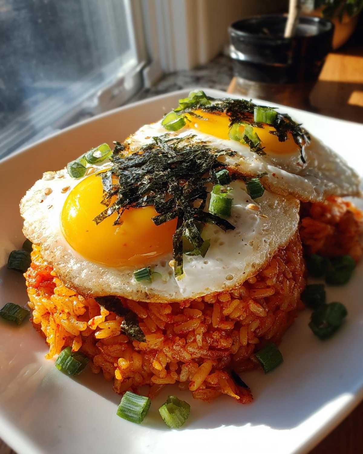 A mound of vibrant orange kimchi fried rice topped with two sunny-side-up eggs, nori strips, and scallions.