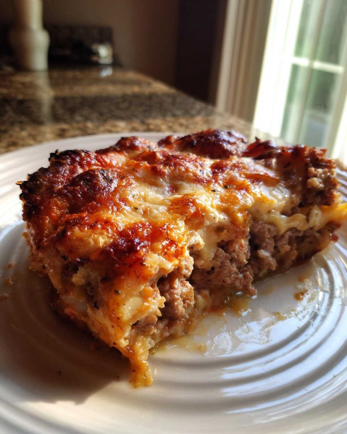 A close-up of a hearty slice of Lasagna with Cottage Cheese showing rich meat layers and a bubbly, browned cheese topping.