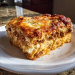 A thick, layered slice of Lasagna with Cottage Cheese, featuring rich meat sauce and a cheesy top.