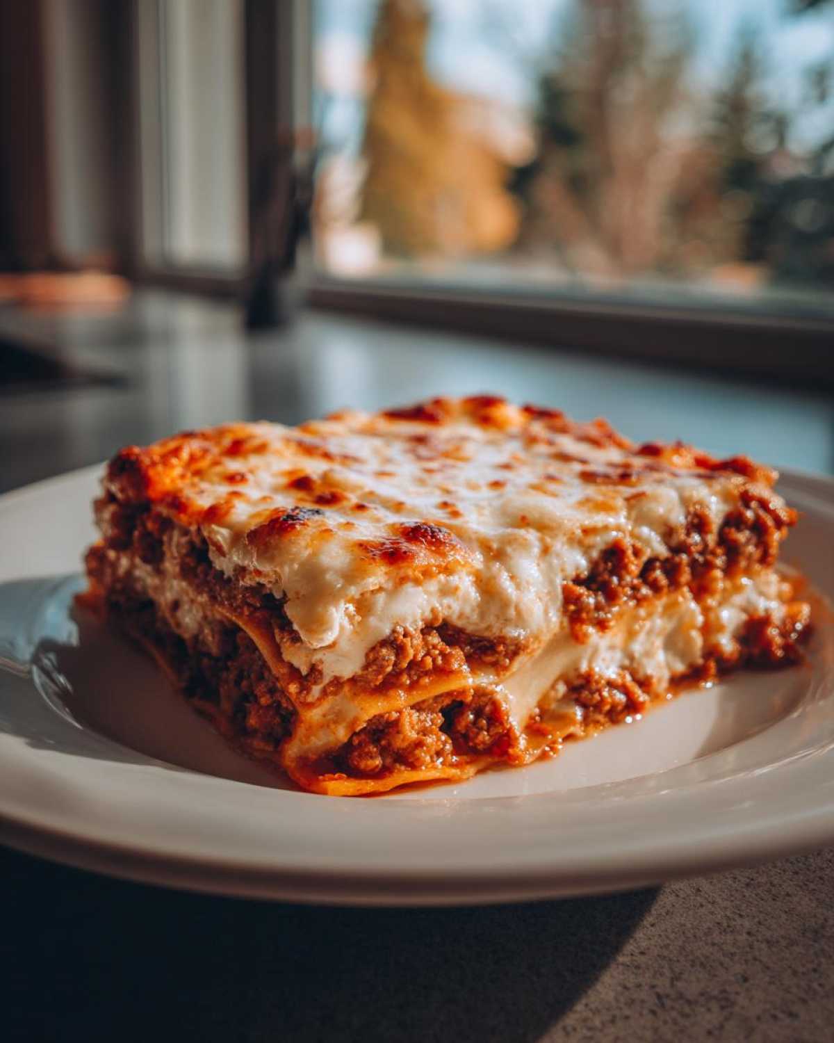 A delicious, thick slice of Lasagna with Cottage Cheese showing layers of pasta, meat sauce, and melted, bubbly cheese topping.