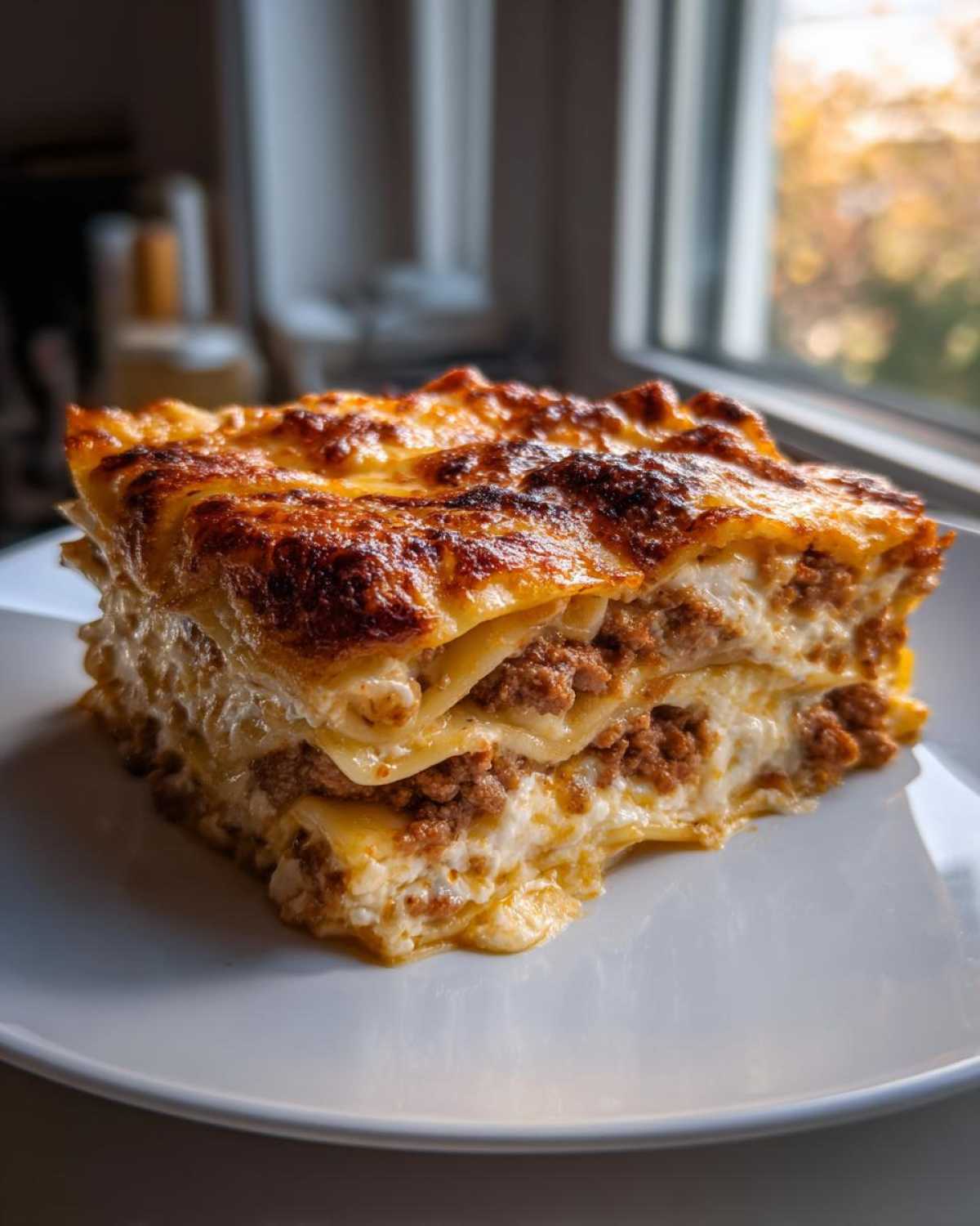 A thick, golden-brown slice of Lasagna with Cottage Cheese layers and meat sauce on a white plate.