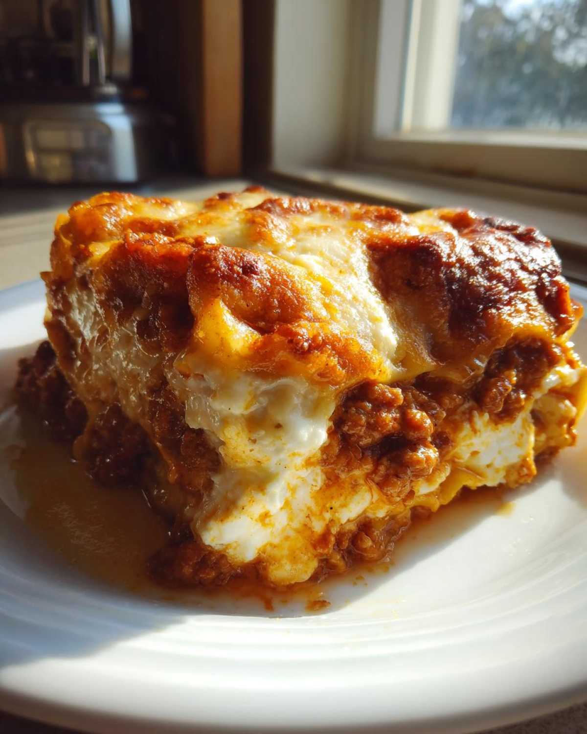 A thick slice of Lasagna with Cottage Cheese showing layers of meat sauce and creamy white cottage cheese filling, baked golden brown.