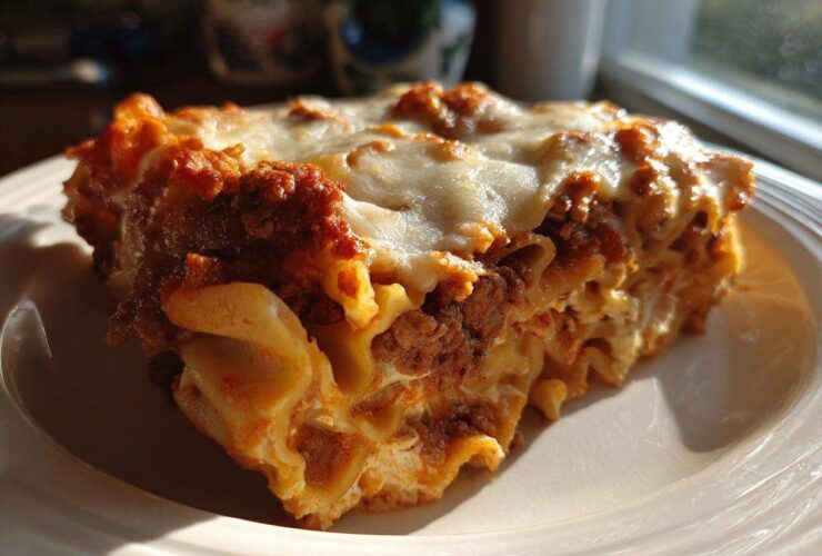 A close-up, sunlit slice of Lasagna with Cottage Cheese showing layers of pasta, meat sauce, and melted cheese topping.