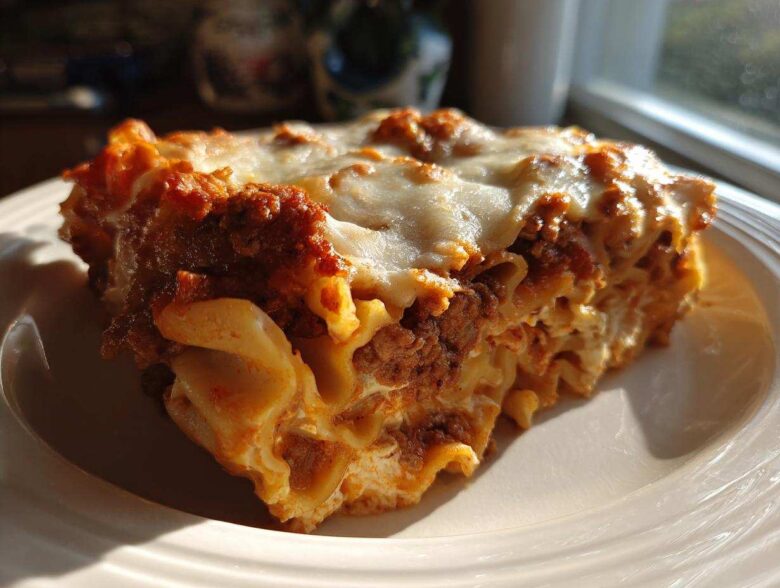 A close-up, sunlit slice of Lasagna with Cottage Cheese showing layers of pasta, meat sauce, and melted cheese topping.