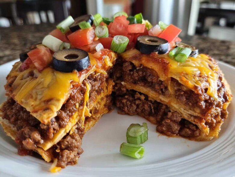 A thick slice of layered Mexican pizza showing layers of seasoned ground beef, tortillas, melted cheese, and fresh toppings like olives and tomatoes.