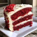 A tall, moist slice of red velvet cake featuring three layers of deep red cake separated by thick white cream cheese frosting.