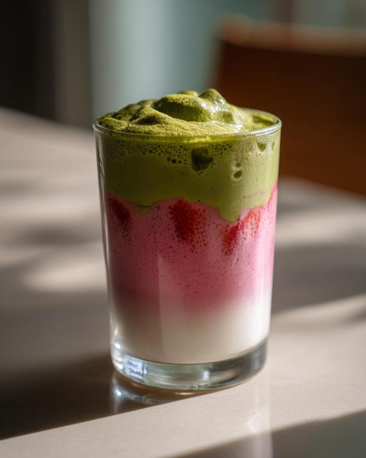 Close-up of a layered strawberry matcha latte showing white milk, pink strawberry foam, and thick green matcha foam.