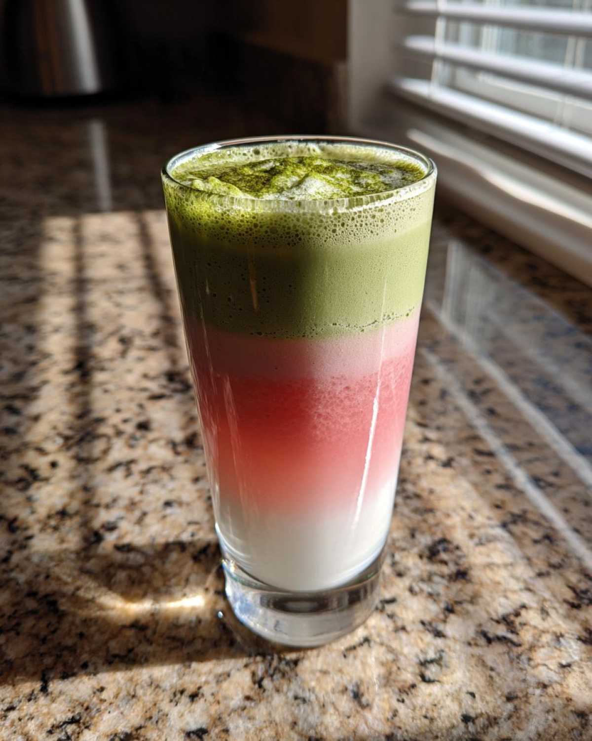 A vibrant, layered strawberry matcha latte showing distinct white, pink, and green layers in a tall glass.