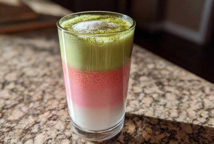 A tall glass showing a layered strawberry matcha latte with white milk, pink strawberry layer, and green matcha foam.