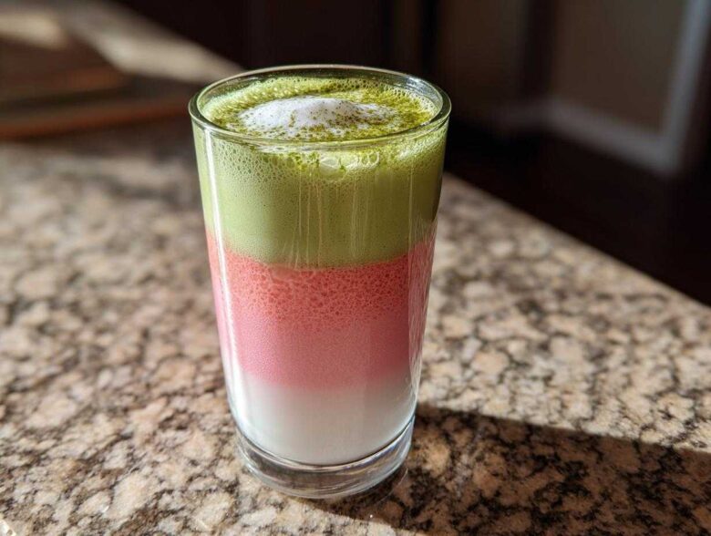 A tall glass showing a layered strawberry matcha latte with white milk, pink strawberry layer, and green matcha foam.