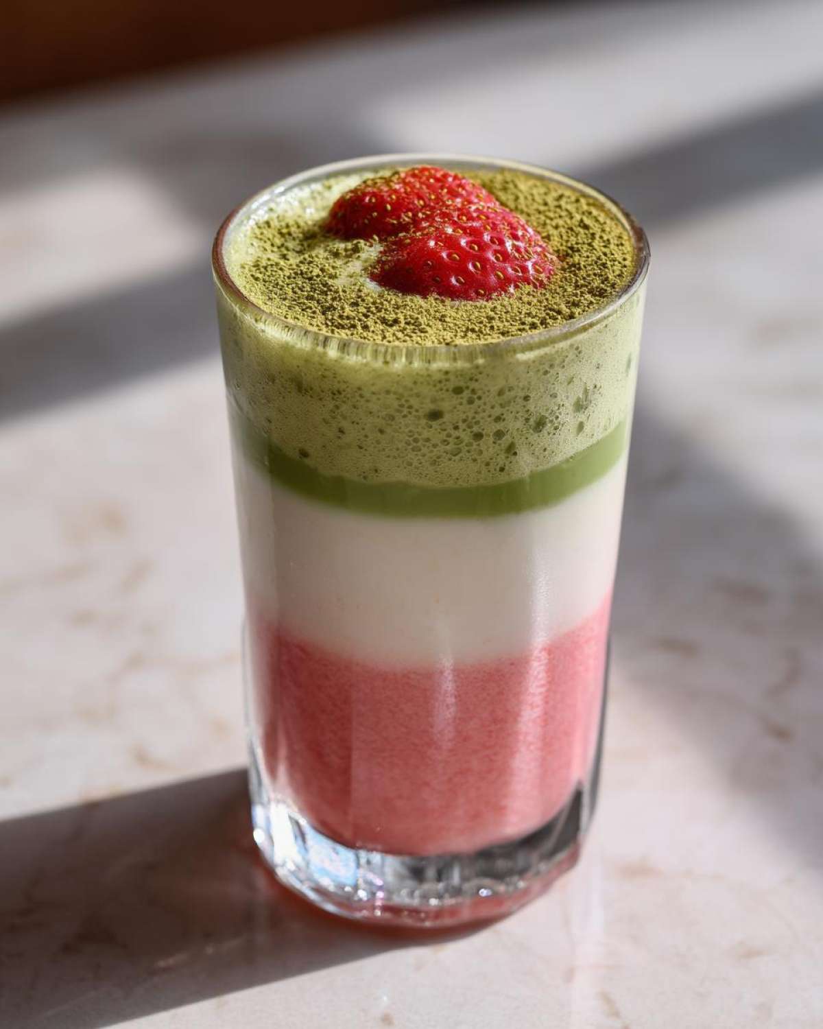 A tall glass showcasing a layered strawberry matcha latte with pink, white, and green layers, topped with foam and fresh strawberries.