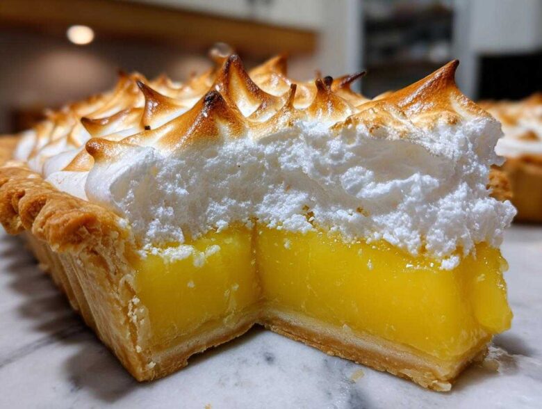 Close-up of a thick slice of lemon meringue pie showing bright yellow curd and tall, torched meringue peaks.