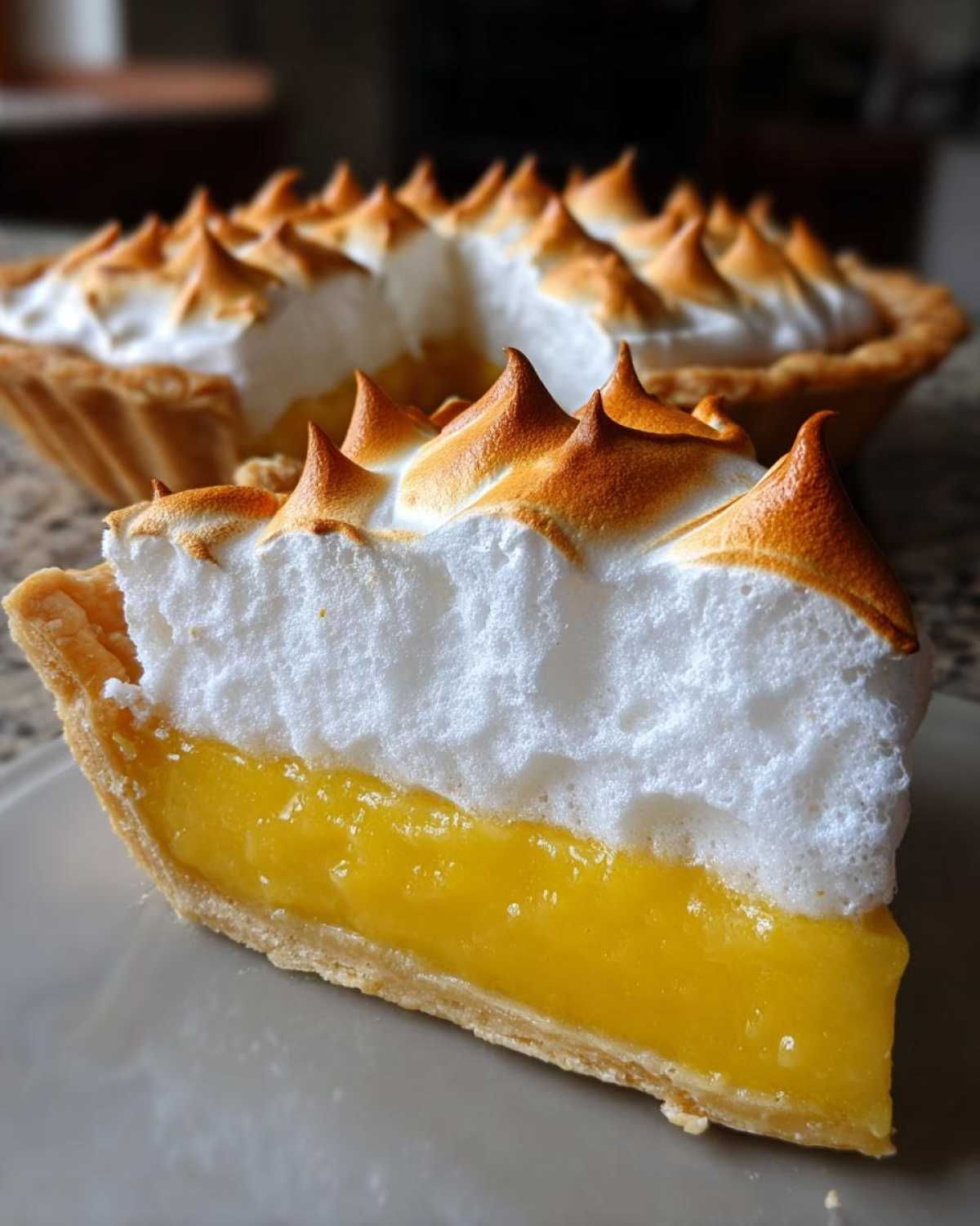 A close-up slice of lemon meringue pie showing bright yellow filling and tall, toasted meringue peaks.